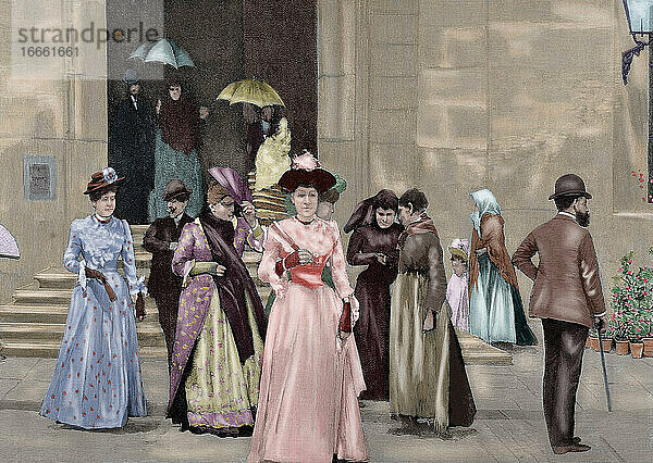 Spanien. Barcelona. Massenproduktion. Kupferstich von Rico. Die spanische und amerikanische Illustration  1890. Koloriert.