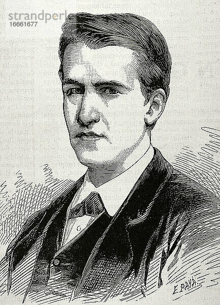 Thomas Alva Edison(1847-1931). Amerikanischer Erfinder und Geschäftsmann. Porträt. Kupferstich von E. Paya. La Academia   1878.