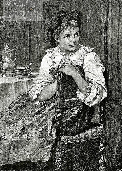 Regina. Kupferstich von BrendAmour nach einem Gemälde von Benjamin Vautier (1829-1898). Almanach der Illustration  1887.