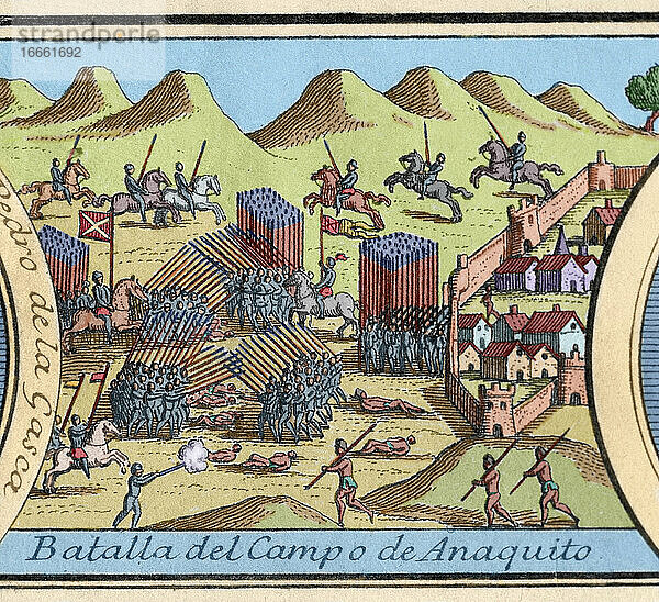 Spanische Eroberung von Peru. Schlacht von Anaquito oder Inaquito (1546)  am Rande des heutigen Quito  zwischen Nueva Castilla und dem Vizekönigreich Peru unter der Führung von Gonzalo Pizarro (1502-1548) und Blasco Nuv±ez Vela (gest. 1546) mit Sieg für Nueva Castilla. Kupferstich  1726. Koloriert.