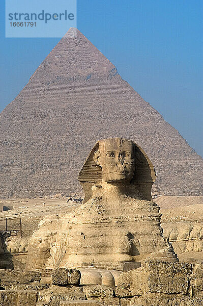 Ägypten. Große Sphinx von Gizeh. Kalksteinstatue mit Löwenkörper und menschlichem Kopf. Es wird angenommen  dass sie den Pharao Khafra darstellt. Errichtet als Schutzwächter am Ufer des Nils. Altes Reich. Ungefähr 2500 v. Chr. 4. Dynastie.