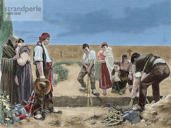 Spanien. Beerdigung. Kupferstich von Sadurni nach einem Gemälde von Fernando Cabrera mit dem Titel Erde. 19. Jahrhundert. Koloriert.