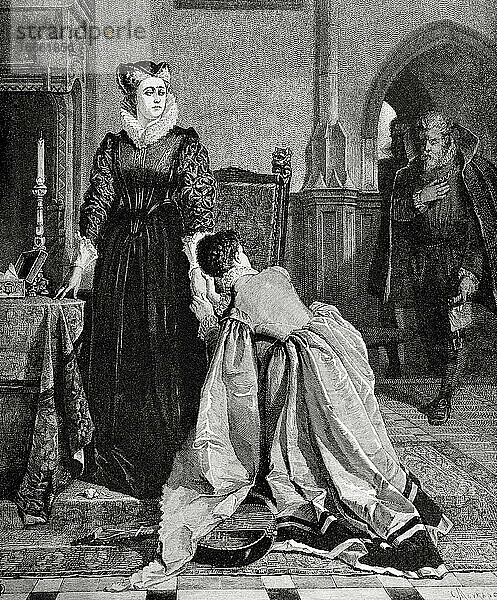 Königin Maria von Schottland (1542-1587) und Königingemahlin von Frankreich  verurteilt zur Todesstrafe. Kupferstich von C. Maurand. La Ilustracion Iberica  1885.