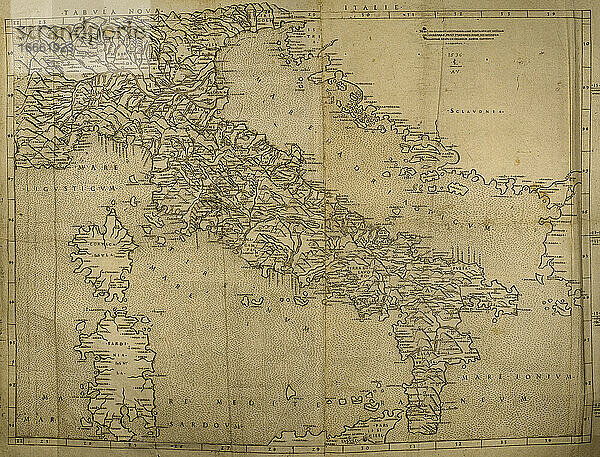 Karte der italienischen Halbinsel  der Inseln Korsika und Sardinien und der adriatischen Küste. Kupferstich. 16. Jahrhundert.