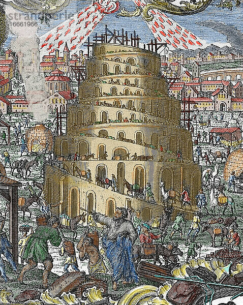 Altes Testament. Buch Genesis. Der Turmbau zu Babel. Kupferstich. Koloriert.