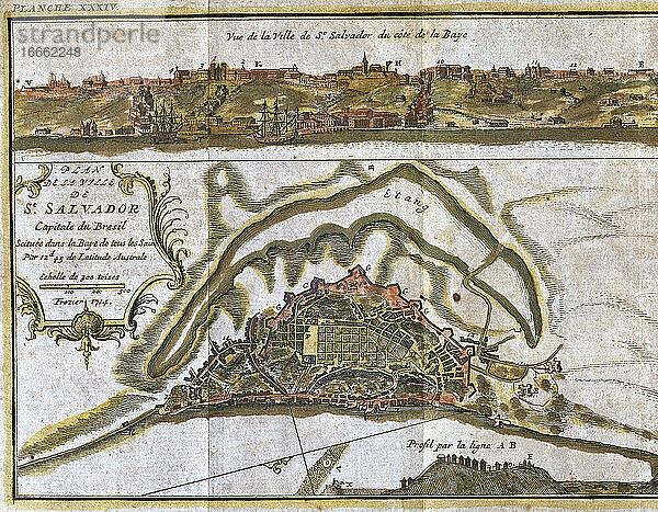 Brasilien. San Salvador. Die Stadt im Jahr 1714. Karte. Kupferstich.