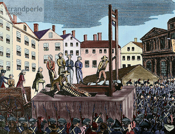 Französische Revolution (1789-1799). Hinrichtung von neun jungen Immigranten  die 1792 von einem Revolutionsgericht zum Tode verurteilt wurden. Kupferstich. Koloriert.