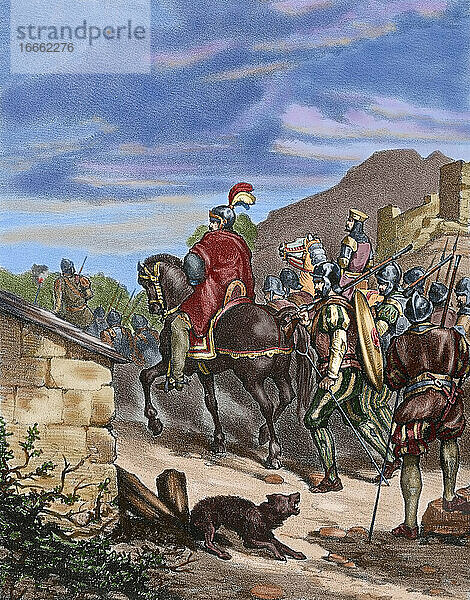 Spanische Eroberung des Inkareichs (1532-1572). Expedition von Francisco Pizarro (1478-1541) nach Peru während seiner dritten Amerikareise  1531-1532. Kupferstich  1875. Koloriert.