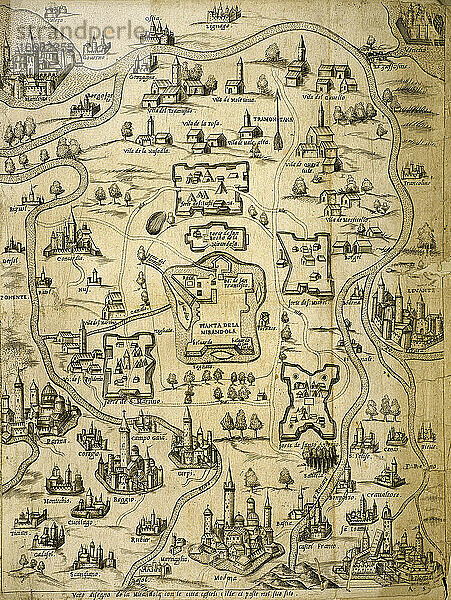 Italien. Die Städte Mantua  Bologna  Venedig  Modena  Ferrara und Parma. Italienischer Kupferstich. Karte. 16. Jahrhundert.
