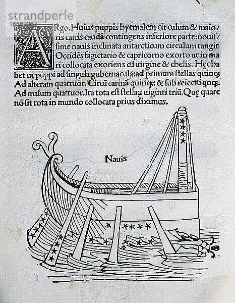 Argo Navis. Mythologische Deutung des Sternbilds der südlichen Hemisphäre  dargestellt durch das Schiff Argo  das von Jason und den Argonauten benutzt wurde  um das Goldene Vlies zu bergen. Stich im Poeticon Astronomicon von Gaius Julius Hyginus (ca. 64 v. Chr. - 17 n. Chr.). Herausgegeben in Venedig  1485. Inkunabel.