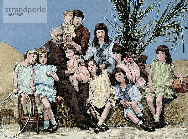 Ferdinand de Lesseps (1805-1894). Französischer Diplomat und Unternehmer. Lesseps mit seiner Familie. Kupferstich in Die künstlerische Illustration  1886. Koloriert.