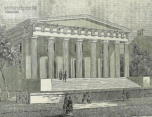 Vereinigte Staaten. Philadelphia. Pennsylvania. Zweite Bank der Vereinigten Staaten  erbaut zwischen 1818-1824 von dem amerikanischen Architekten William Strickland (1788-1854). Kupferstich.