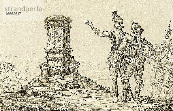 Der französische Entdecker Rene Goulaine de Laudonniere (1529-1574) und der Indianerhäuptling Athore besuchen die Säule von Jean Ribault (1520-1565)  die 1568 in Nordflorida errichtet wurde. Kupferstich  1841.