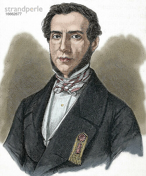 Edouard Drouyn de Lhuys (1805-1881). Französischer Staatsmann und Diplomat. Porträt. Kupferstich. Historia Universal   1885. Koloriert.