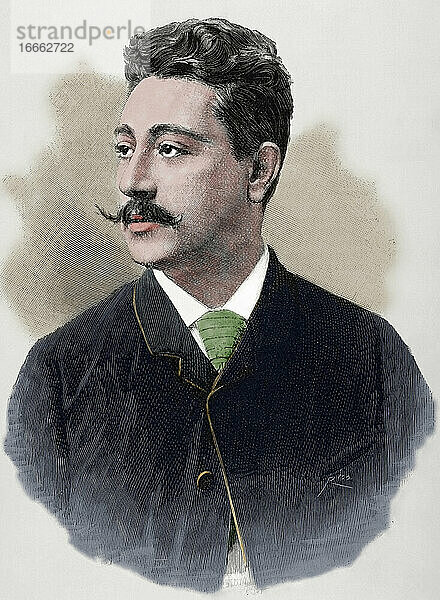 Benedicto Lucignani (geb. 1861). Italienischer Tenor. Kupferstich von Rico. La Ilustracion Espanola y Americana  1880. Koloriert.