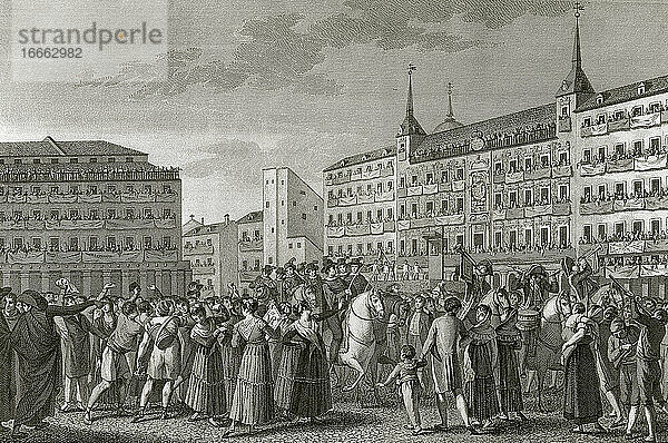 Spanien. Madrid. Ferdinand VII. (1784-1833) wird am 24. August 1808 auf dem Hauptplatz (Plaza Mayor) in Abwesenheit zum König von Spanien proklamiert. Kupferstich.