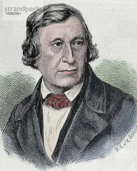Wilhelm Grimm (1786-1859). Deutscher Schriftsteller  der jüngere der Brüder Grimm. Porträt. Kupferstich. Koloriert.