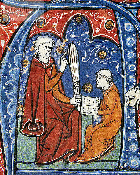 Der Lehrer unterrichtet einen jungen Geistlichen in religiösen Lehren. Miniatur. Liber Derivationum . 13. Jahrhundert. Museum Condé. Schloss von Chantilly. Frankreich.