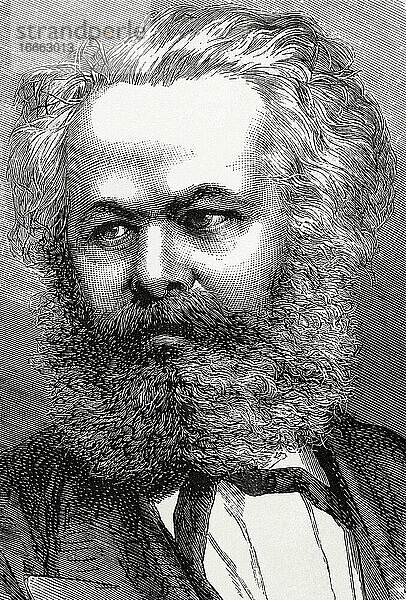 Karl Marx (1818-1883). Deutscher Philosoph  politischer Ökonom und Kommunist. Porträt. Kupferstich von Capuz. La Ilustracion Espanola y Americana  1872.