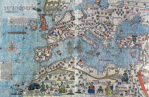 Der katalanische Atlas  1375. Wird den mallorquinischen jüdischen Kartographen Abraham und Jehuda Cresques zugeschrieben und stand im Dienst des Königs von Aragonien. Nationalbibliothek von Frankreich  Paris.