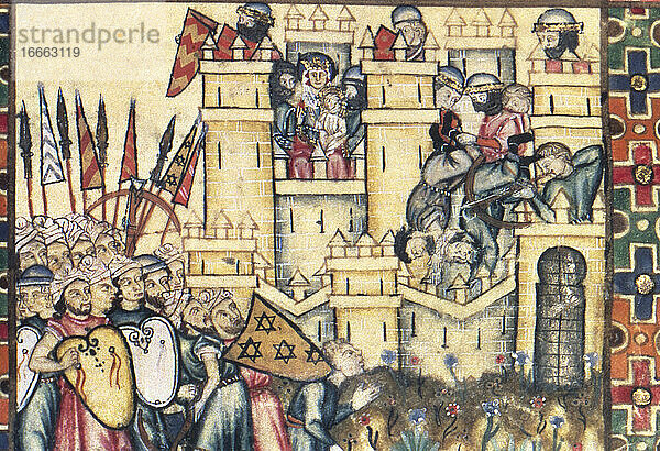 Gesänge der Heiligen Maria. Herrschaft von Alfons X. 13. Jahrhundert. Miniatur. Ausschnitt. Spanische Rückeroberung. Belagerung einer christlichen Burg.