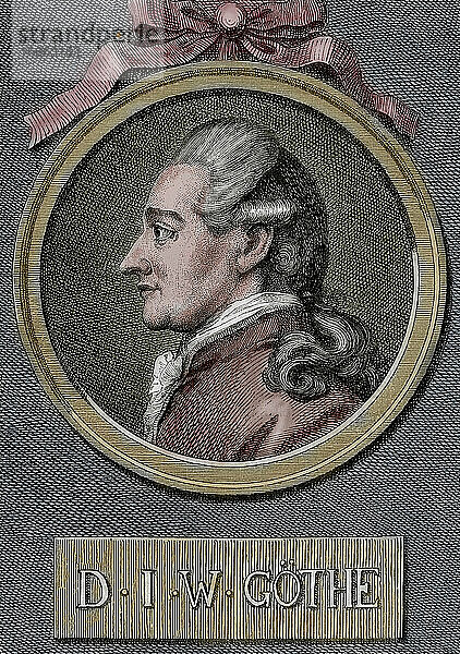 Johann Wolfgang von Goethe (1749-1832). Deutscher Schriftsteller. Literarische Bewegung  Weimarer Klassik. Kupferstich. Koloriert.