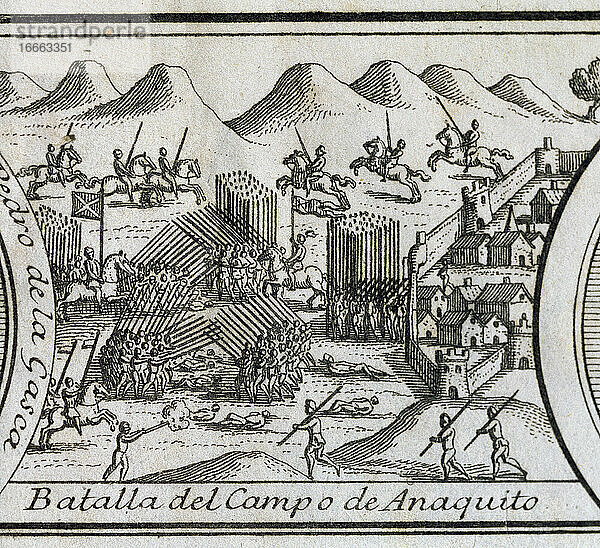 Spanische Eroberung von Peru. Schlacht von Anaquito oder Inaquito (1546)  am Rande des heutigen Quito  zwischen Nueva Castilla und dem Vizekönigreich Peru unter der Führung von Gonzalo Pizarro (1502-1548) und Blasco Nuñez Vela (gest. 1546) mit Sieg für Nueva Castilla. Kupferstich  1726.