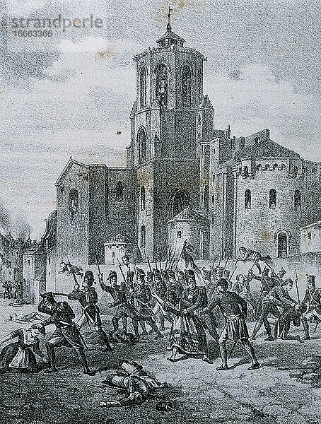 Halbinselkrieg (1808-1814). Katalonien. Belagerung und Eroberung von Tarragona durch französische Truppen unter dem Kommando von Marschall Suchet (28. Juni 1811). Gefecht in der Nähe der Kathedrale. Kupferstich  19. Jahrhundert.