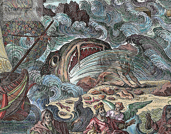 Jona wird von dem großen Fisch an das Ufer gespuckt. Das Buch Jona. Kapitel 2. Kupferstich. Koloriert.