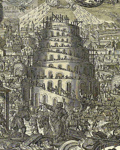 Altes Testament. Buch Genesis. Der Turmbau zu Babel. Kupferstich.