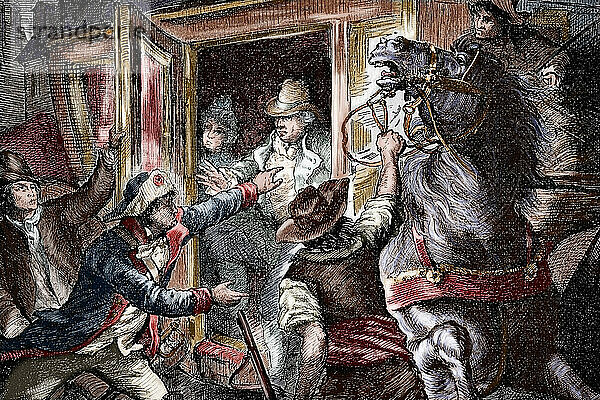 Französische Revolution (1789-1799). Verhaftung von König Ludwig XVI. (1754-1793) und seiner Familie in Varennes  21. Juni 1791. Kupferstich von A. Closs. Unser Jahrhundert  1883. Koloriert.