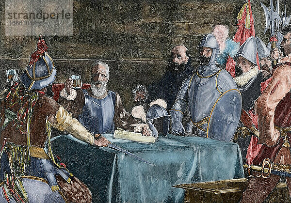 Miguel Lopez de Legazpi (1503-1572). Spanischer Admiral und Gouverneur. Die Zeremonie des Blutpakts zwischen Legazpi und Sikatuna  König der Philippinen. Kupferstich. Koloriert.