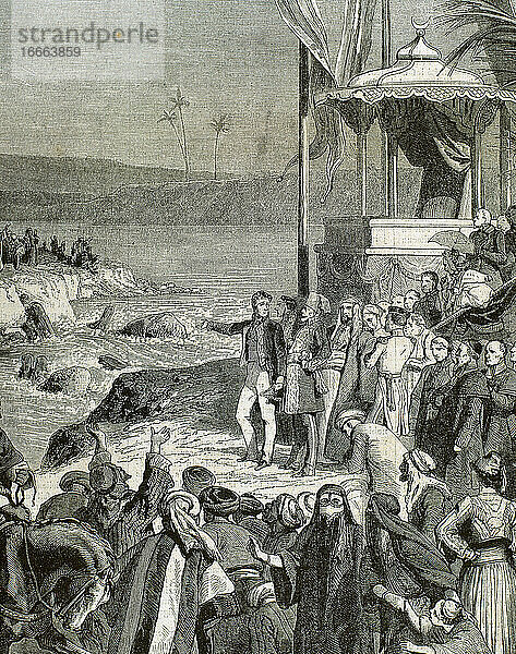 Ägypten. Der Suez-Kanal. Er verbindet das Mittelmeer mit dem Roten Meer durch den Isthmus von Suez. Einweihungsfeier des Suezkanals in Port-Said am 17. November 1869 unter Isma'il Pascha (1830-1895). Kupferstich von Desandre.