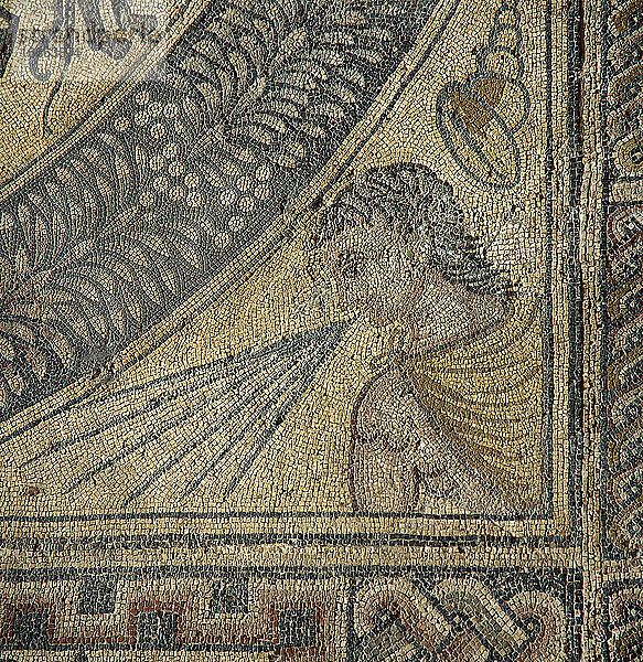 Aurigas-Mosaik. Detail mit der Darstellung eines der vier Winde. 4. Jahrhundert. Nationalmuseum für Römische Kunst. Merida. Spanien.