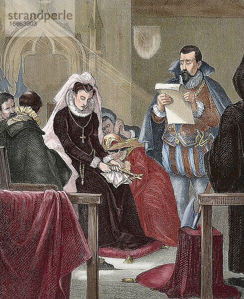 Maria  Königin der Schotten (1542-1587) und Königingemahlin von Frankreich. Maria Stuart auf dem Schafott. Kupferstich in Almanaque de la Ilustracion   1880. Koloriert.