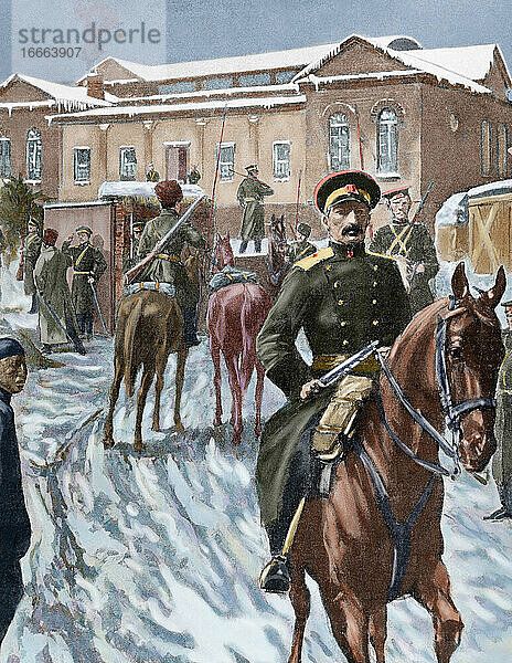 Russisch-Japanischer Krieg (1904-1905). Russisches Hauptquartier in Port Arthur. Kupferstich. Koloriert.