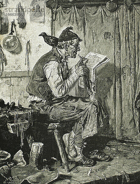 Alter Mann liest die Zeitung. Kupferstich. 19. Jahrhundert. Spanien.