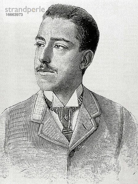 Prinz Vittorio Emanuele von Savoyen-Aosta  Graf von Turin (1870-1946). Sohn des Königs von Spanien Amadeo von Savoyen. Kupferstich von Canso. Die spanische und amerikanische Illustration  1891.