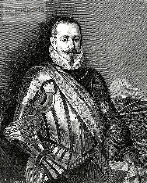 Pedro de Valdivia (1497-1553). Spanischer Konquistador. Kupferstich von Arturo Carretero (1852-1903). Der Almanach der Illustration  1879.