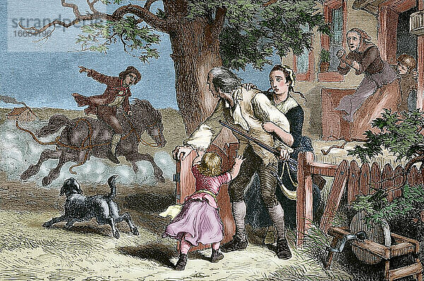 Amerikanischer Revolutionskrieg (1775-1783). Ein Milizionär bricht unter dem Entsetzen seiner Familie zur Schlacht von Lexington (April 1775) auf  den ersten bewaffneten Auseinandersetzungen des Krieges. Ein Reiter gibt ihm das Signal für die Schlacht. Kupferstich von A. Bobbett. 19. Jahrhundert. Koloriert.