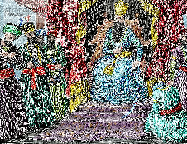 Osmanisches Reich. Die Türkei. Der Sultan wird im Gerichtssaal des Topkapi-Palastes empfangen. Istanbul. Aufgenommen. Kupferstich 19. Jahrhundert. Koloriert.