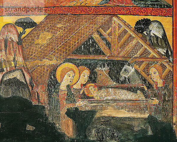 Die Geburt Christi. Altarbild von Bellver de Cerdanya. Bemaltes Holz. 14. Jh.  aus der Werkstatt von Seu D'Urgell.