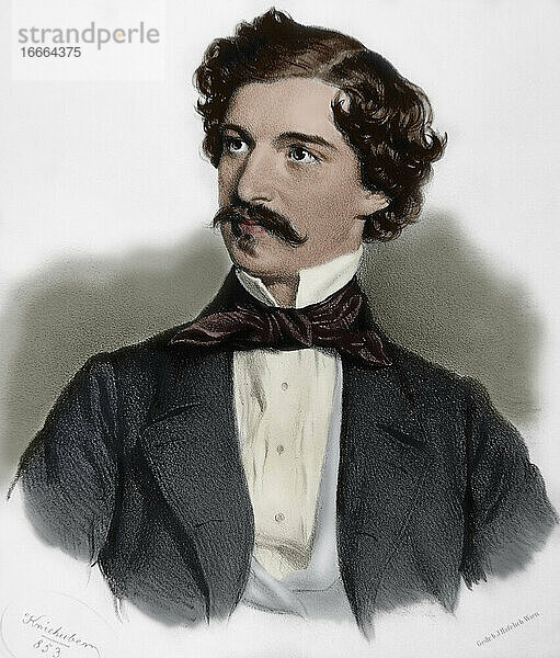 Johann Strauss II (1825-1899). Österreichischer Komponist der Unterhaltungsmusik. Porträt. Kupferstich von Joseph Kriehuber (1800-1876)  1853. Koloriert.