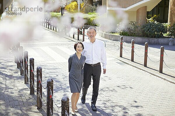 Japanisches älteres Paar lächelt im Freien