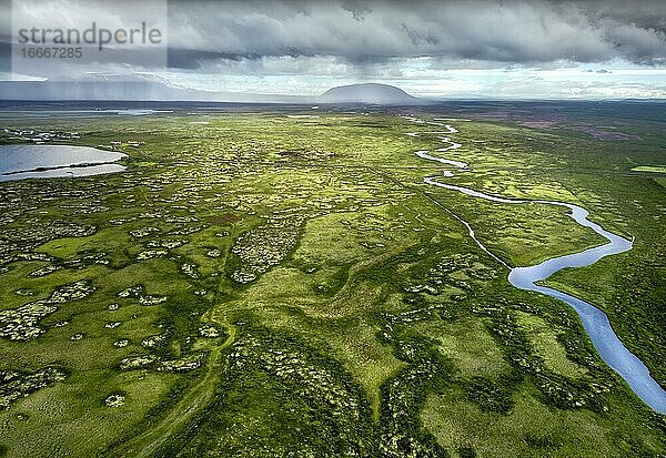 Weite grüne Ebene mit Fluss  Mäander  hinten Berge mit dramatischen Wolken und Regen am See Mývatn  Skútustaðir  Norðurland eystra  Island  Europa