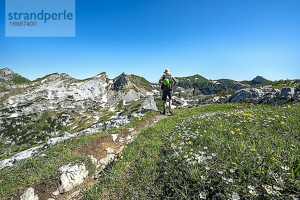 Wanderer auf einem Wanderweg  Haidachstellwand  hinten Roßkopf und Seekarlspitze  5-Gipfel-Klettersteig  Wanderung am Rofangebirge  Tirol  Österreich  Europa