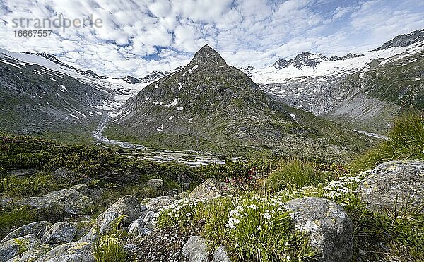 Berge am Berliner Höhenweg  links Berggipfel Steinmandl   rechts Großer Möseler  Gletscher Waxeggkees  Zillertaler Alpen  Zillertal  Tirol  Österreich  Europa