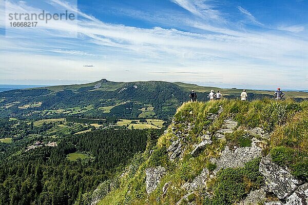 Wanderer im Sancy-Massiv im Rücken  Naturpark der Vulkane der Auvergne  Departement Puy de Dome  Auvergne-Rhone-Alpes  Frankreich  Europa