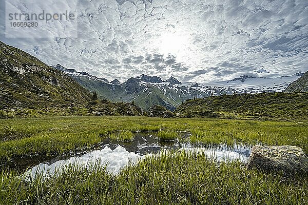 Bergsee  hinten Kleiner und Großer Mörchner   rechts Schwarzenstein und Gletscher Schwarzensteinkees  Berliner Höhenweg  Zillertaler Alpen  Zillertal  Tirol  Österreich  Europa