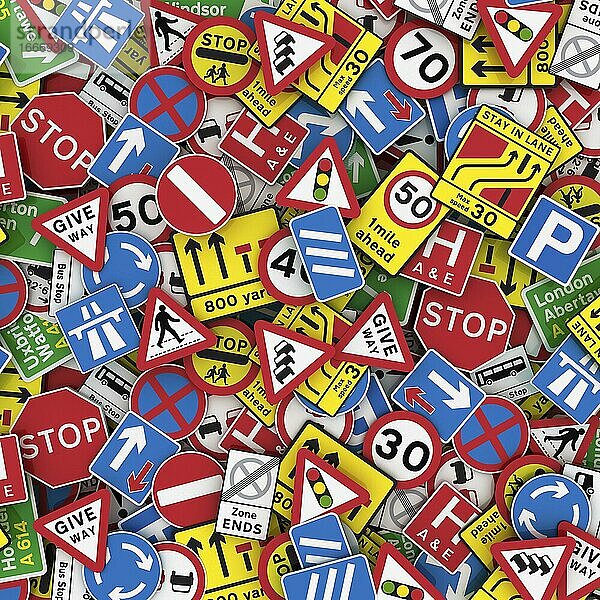 3D-Illustration britischer Verkehrszeichen wie Stoppschilder  Geschwindigkeitsbegrenzungsschilder und Warnschilder
